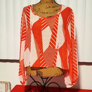 JAY red orange and white graphic print button detail Top semi sheer Large